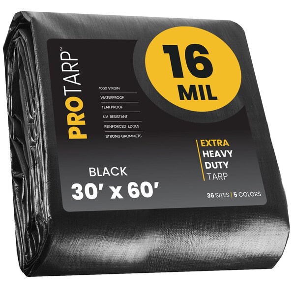 Protarp Heavy Duty Tarp, 30 ft x 60 ft, 16 Mil, Black, Polyethylene PT-106-30X60 - main